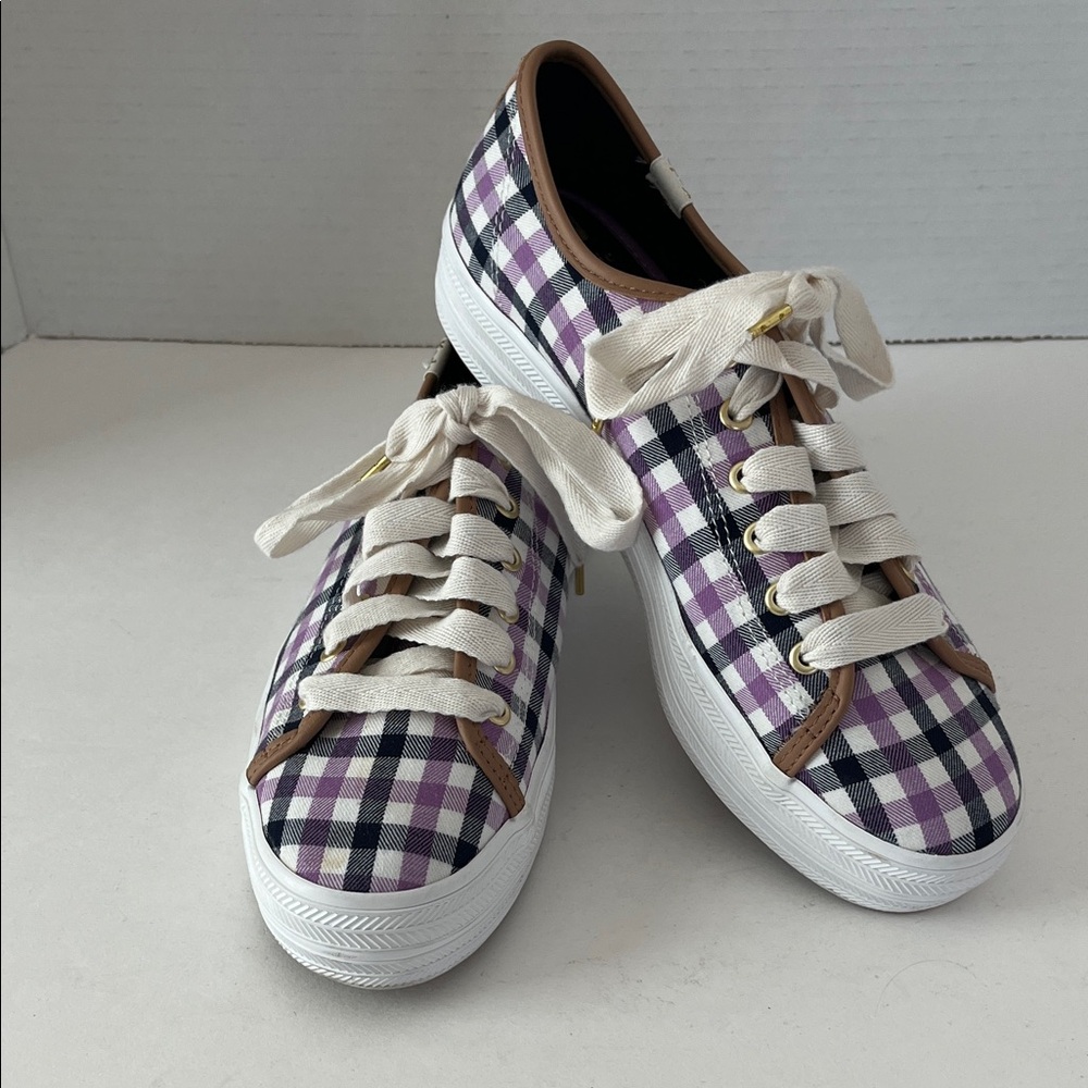 Keds Kate Spade Purple Black Plaid Gingham Print Tie Sneakers Platform Preppy 8 - Picture 2 of 15